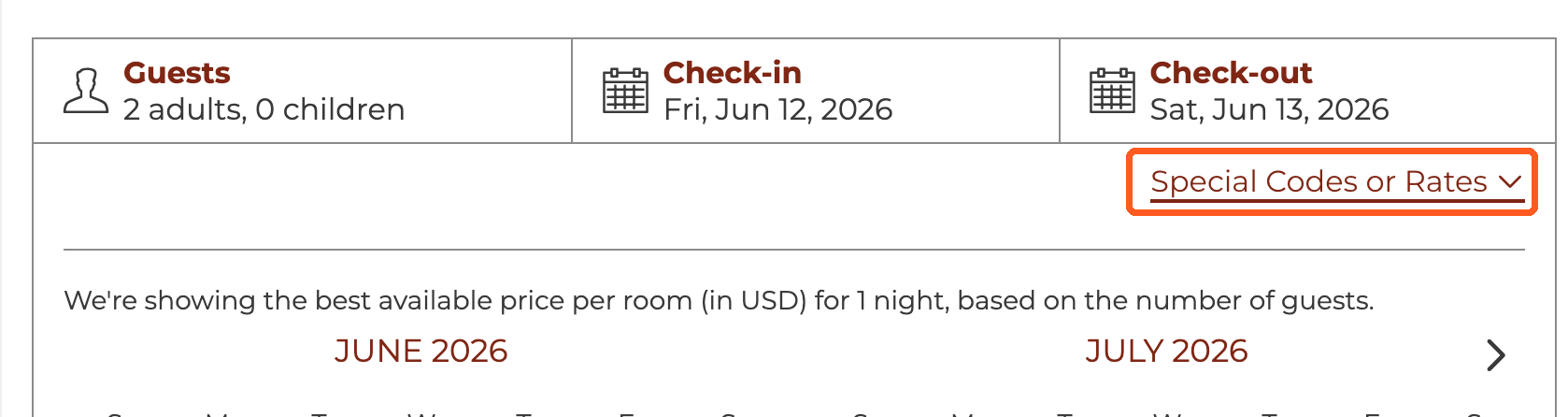 Booking screen with the “Special Codes or Rates” link in the top-right corner.