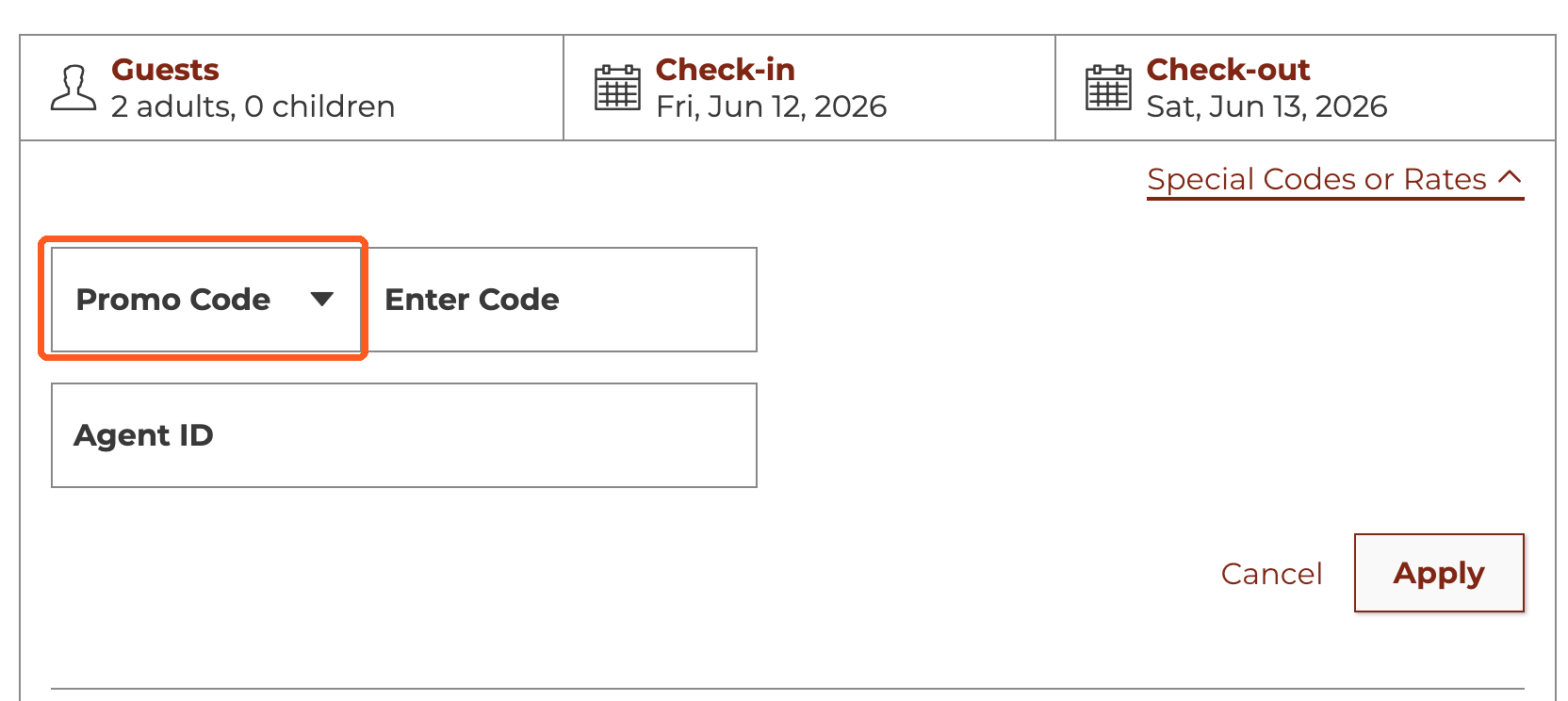 Expanded code box showing a dropdown set to “Promo Code.”